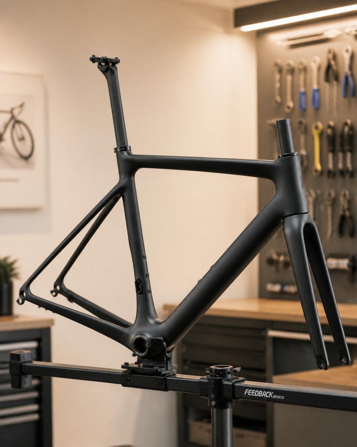 Carbon aero road bike frameset being built at TuneUp Cycles bicycle workshop Noosaville