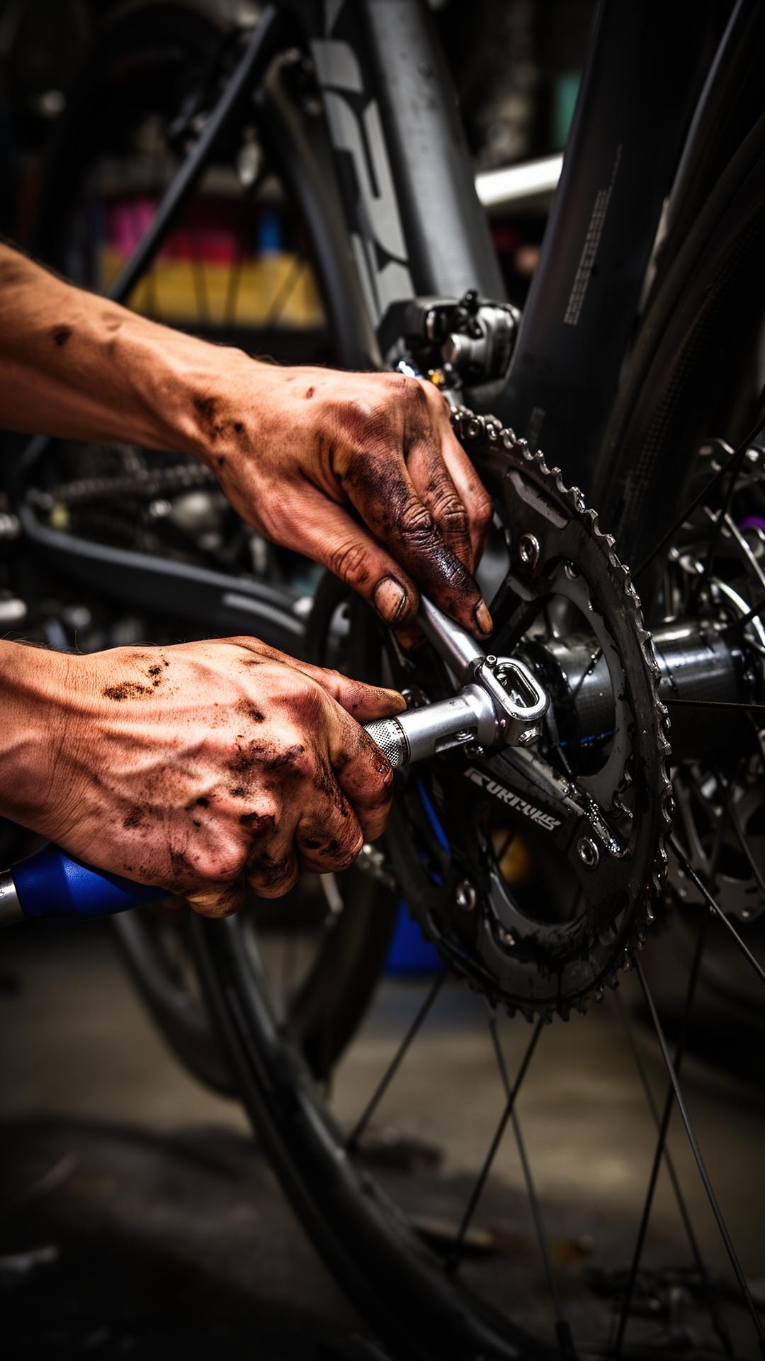 Mechanic's hands working on a bicycle drivetrain