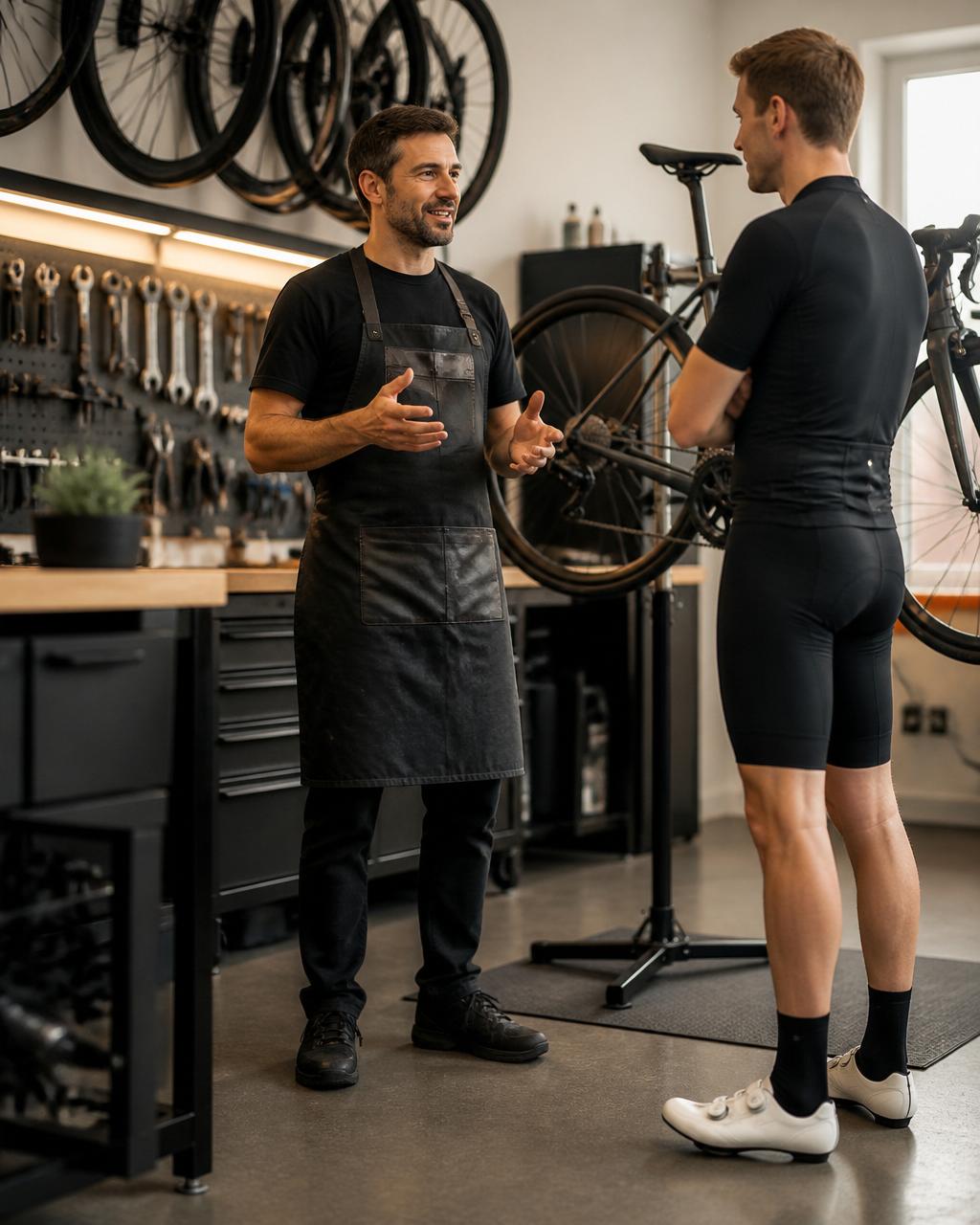 A mechanic standing and talking with a cyclist inside a professional bike shop