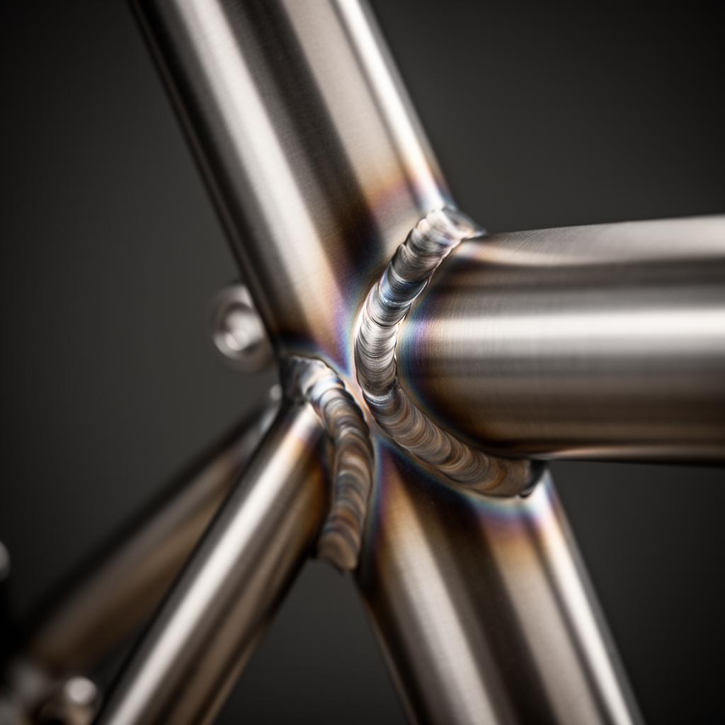 Macro detail of a titanium bicycle frame weld